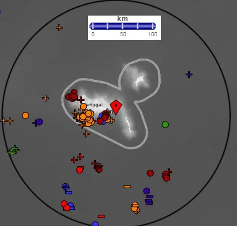Actividade das descargas eléctricas atmosféricas entre as 06:00 e as 24:00