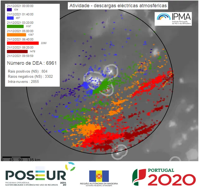 Registo da actividade eléctrica atmosférica na Região da Madeira entre as 00:00 e as 10:00 desta terça-feira