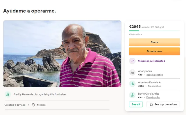 No espaço de seis dias desde o lançamento da campanha, Freddy Hernández já recebeu cerca de 60 doações e foram arrecadados à volta de 3.000 euros. 