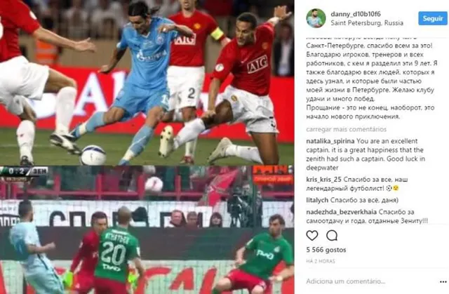 Captura de ecrã da página de Instagram do futebolista, onde mostra o primeiro e o último golo e a mensagem escrita em russo.