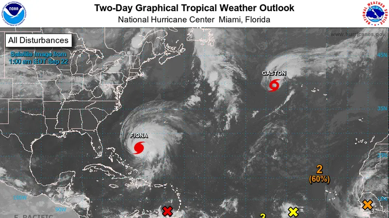 O número impressionante de actividade atmosférica, incluindo um Furacão e uma tempestade tropical, o Gaston, que estão neste momento no Atlântico. Foto NHC