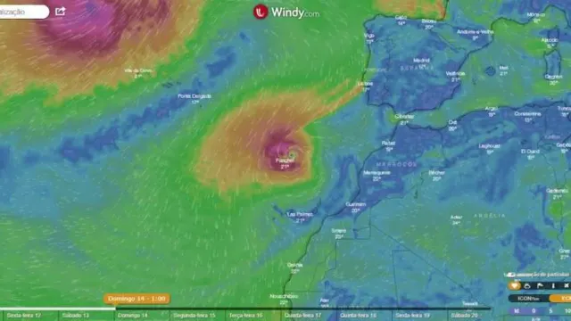 As previsões do ‘Windy’ colocam o ‘olho’ da tempestade tropical a ‘varrer’ as ilhas da Madeira e do Porto Santo na última actualização efectuada na tarde desta quinta-feira.