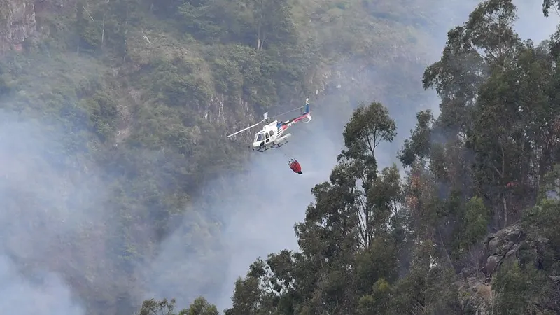O helicóptero a combater um fogo que lavarava na encosta da Ribeira dos Socorridos, a 29 de Junho último.&nbsp;