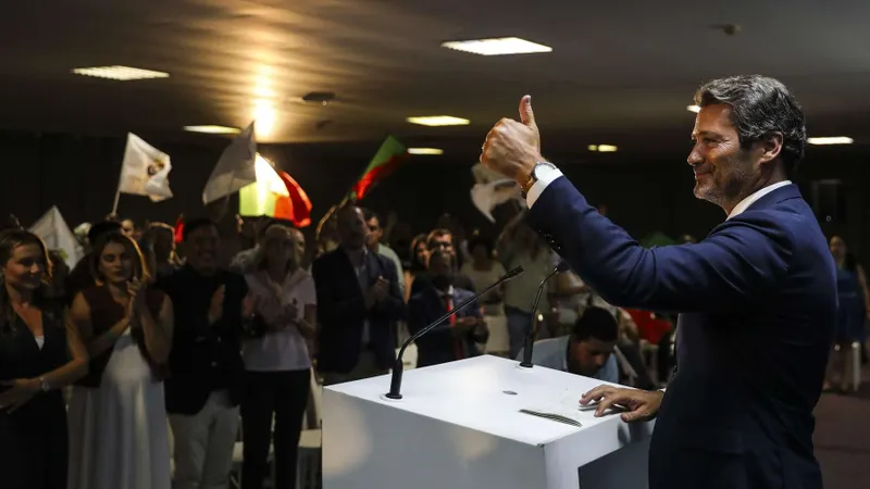 <br>O presidente do Partido Chega, André Ventura, enquanto discursava na rentrée política do partido em Santarém.