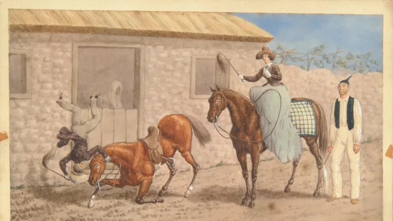 Isabella de França, janeiro de 1854, aguarela de sua própria autoria, em que se ilustra a si própria e ao marido num dos vários incidentes da sua estadia na ilha. Atribuição: Isabella de França, em domínio público