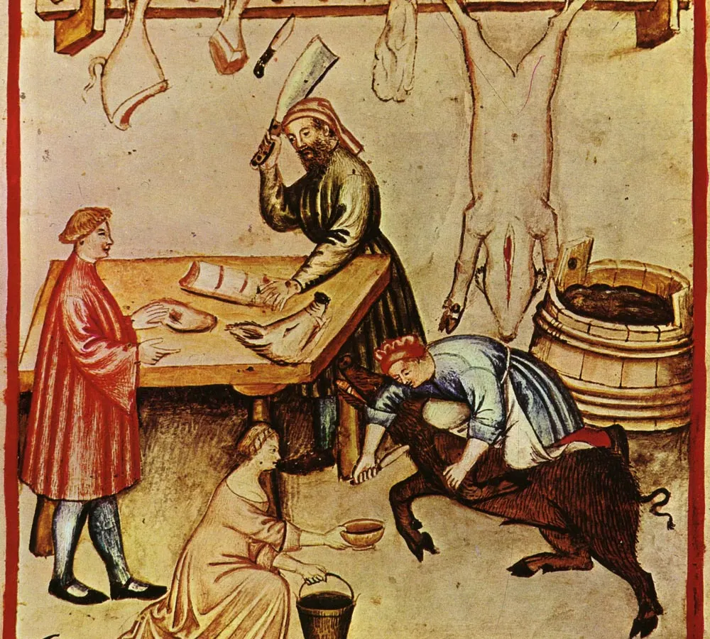 Ilustração do século XIV do tratado medieval sobre o bem-estar Taccuino Sanitatis, mostrando duas mulheres tomando parte activa nas lides de um açougue, num modelo que não será muito diferente do usado no Funchal quatrocentista. (Atribuição: PESP / Wikimedia CC-BY-SA 4.0)
