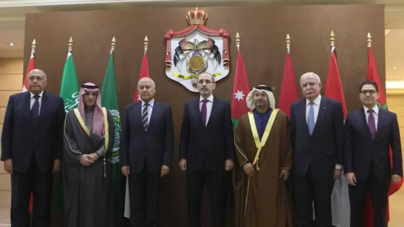 Na reunião participaram os chefes da diplomacia de Jordânia, Arábia Saudita, Emirados Árabes Unidos, Egipto, Marrocos e Palestina. FOTO Reuters