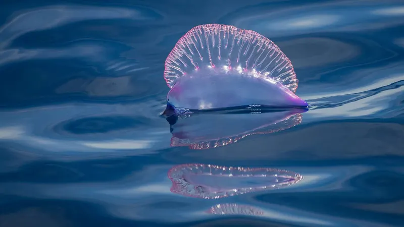 A caravela-portuguesa (Physalia physalis) apresenta um flutuador em forma de balão e é uma espécie que ocorre com frequência nos mares da Madeira.&nbsp;