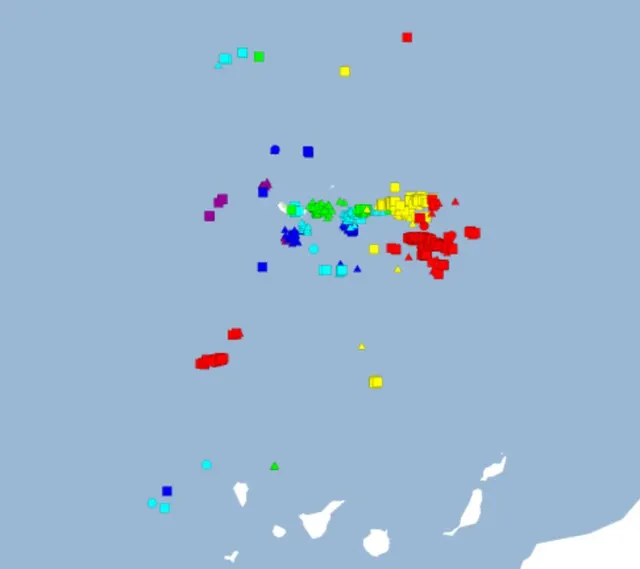 Mapa com os registos dos raios ocorridos de madrugada