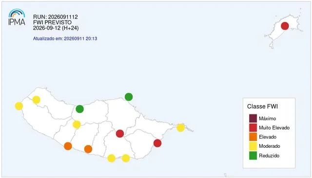 Índice Meteorológico de Incêndio para os dia 12, 13 e 14 de Setembro, na Madeira.