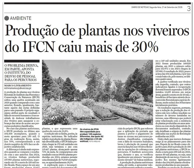 Pode ler a notícia sobre o decréscimo da produção nos viveiros do IFCN na edição de hoje do seu DIÁRIO.&nbsp;
