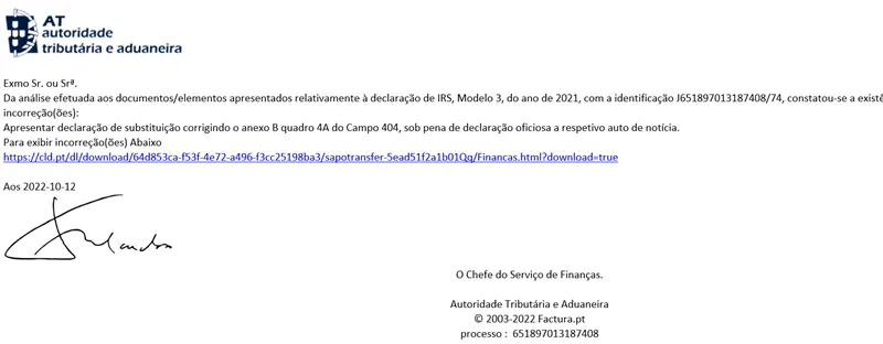 Exemplo do email que está a ser enviado aos contribuintes.&nbsp; &nbsp;Foto Portal das Finanças