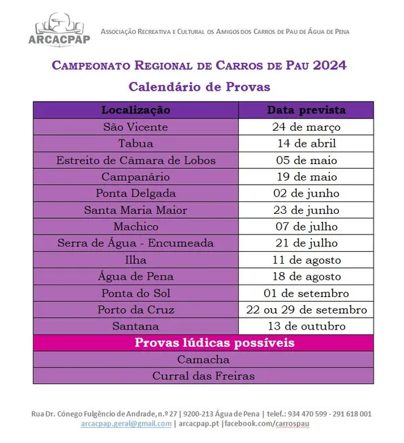 Calendário divulgado nas redes sociais da Associação. 