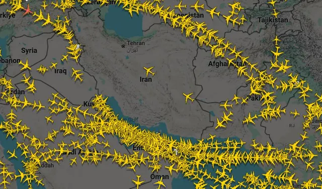 O espaço aéreo iraniano fechado às 23h30 de ontem. Imagem do Flightradar24.